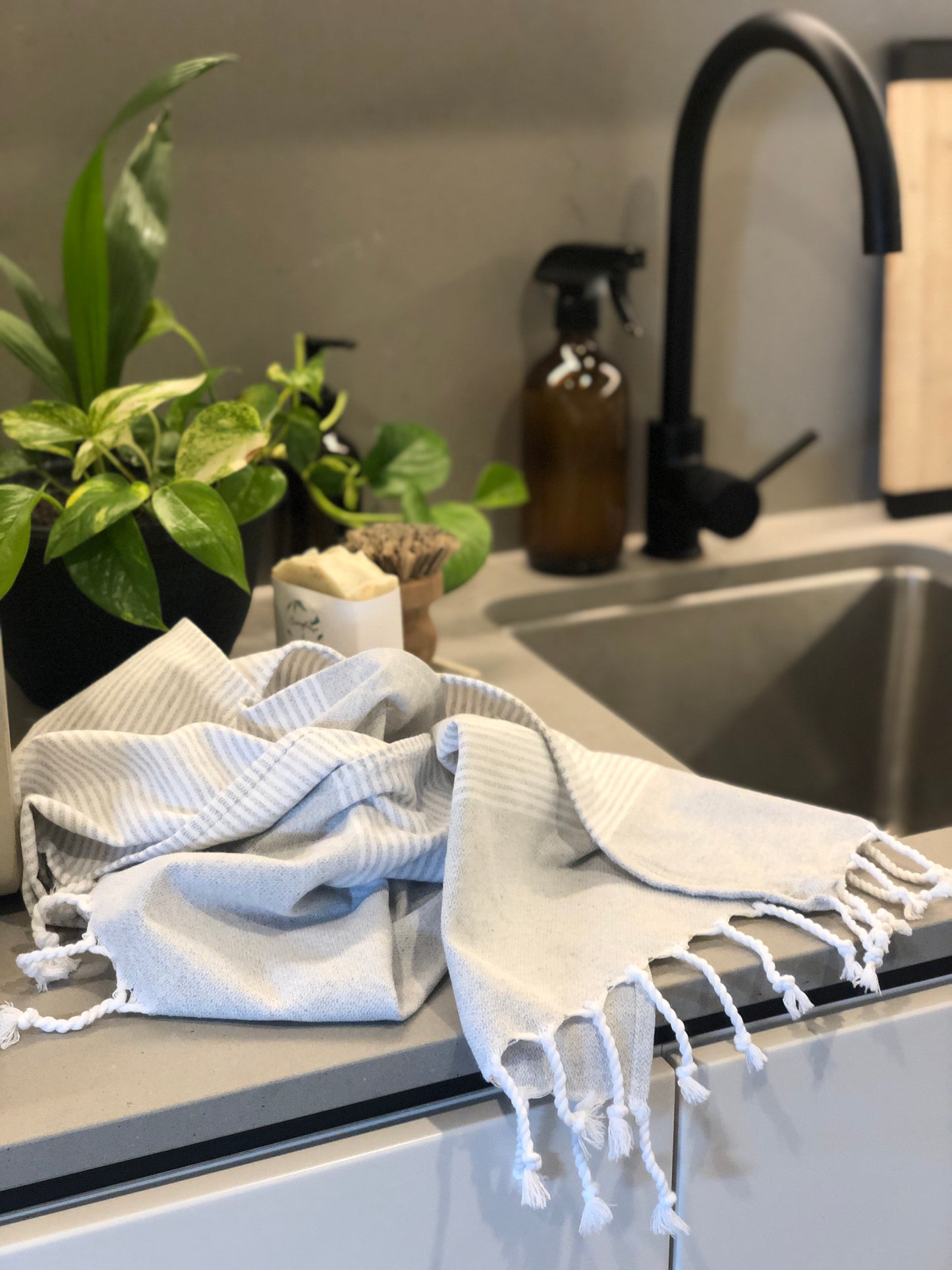 Striped Hand towel - Grey with White